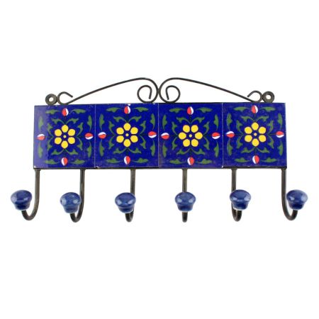 Navy Blue And Yellow Tiny Flower Ceramic Tiles Hook 